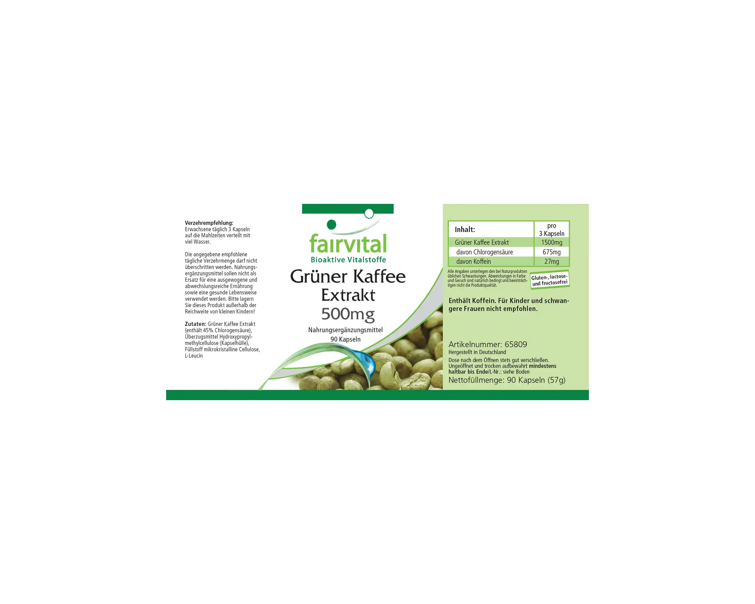 Grüner Kaffee Extrakt 500mg - 90 Kapseln - Standardisiert auf 45% Chlorogensäure - Hochdosiert und Vegan | Fairvital