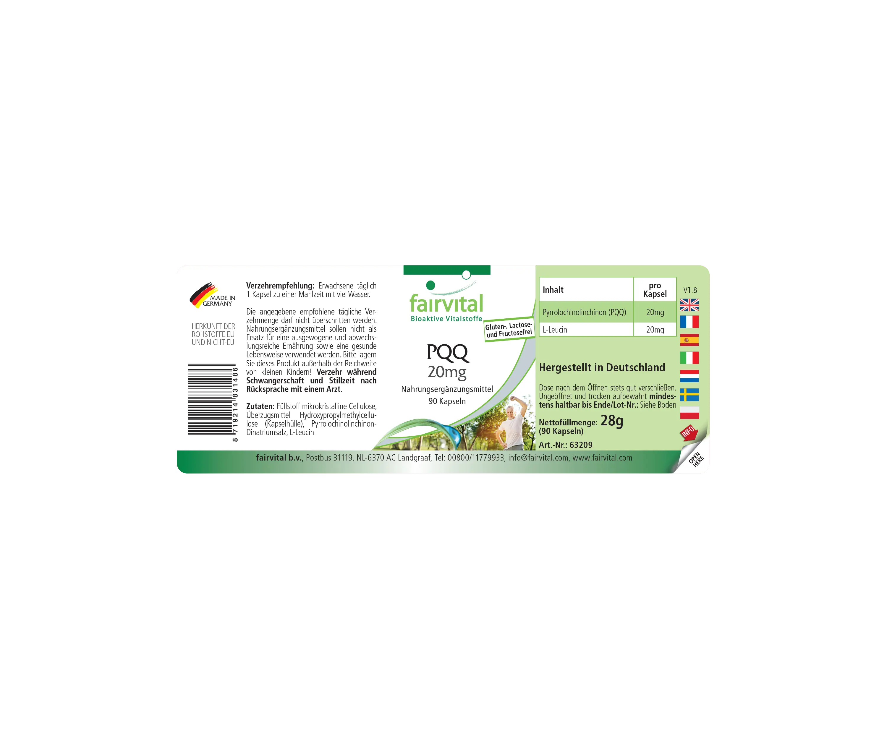 PQQ 20mg - 90 Kapseln - Pyrrolochinolinchinon-Dinatriumsalz - Hochdosiert und Vegan | Fairvital