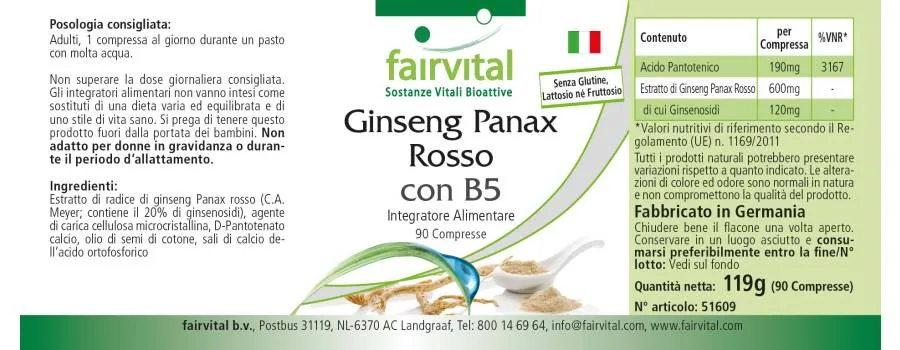 Roter Panax Ginseng mit B5 - 90 Tabletten - für Energiestoffwechsel uvm. - Vegan | Fairvital