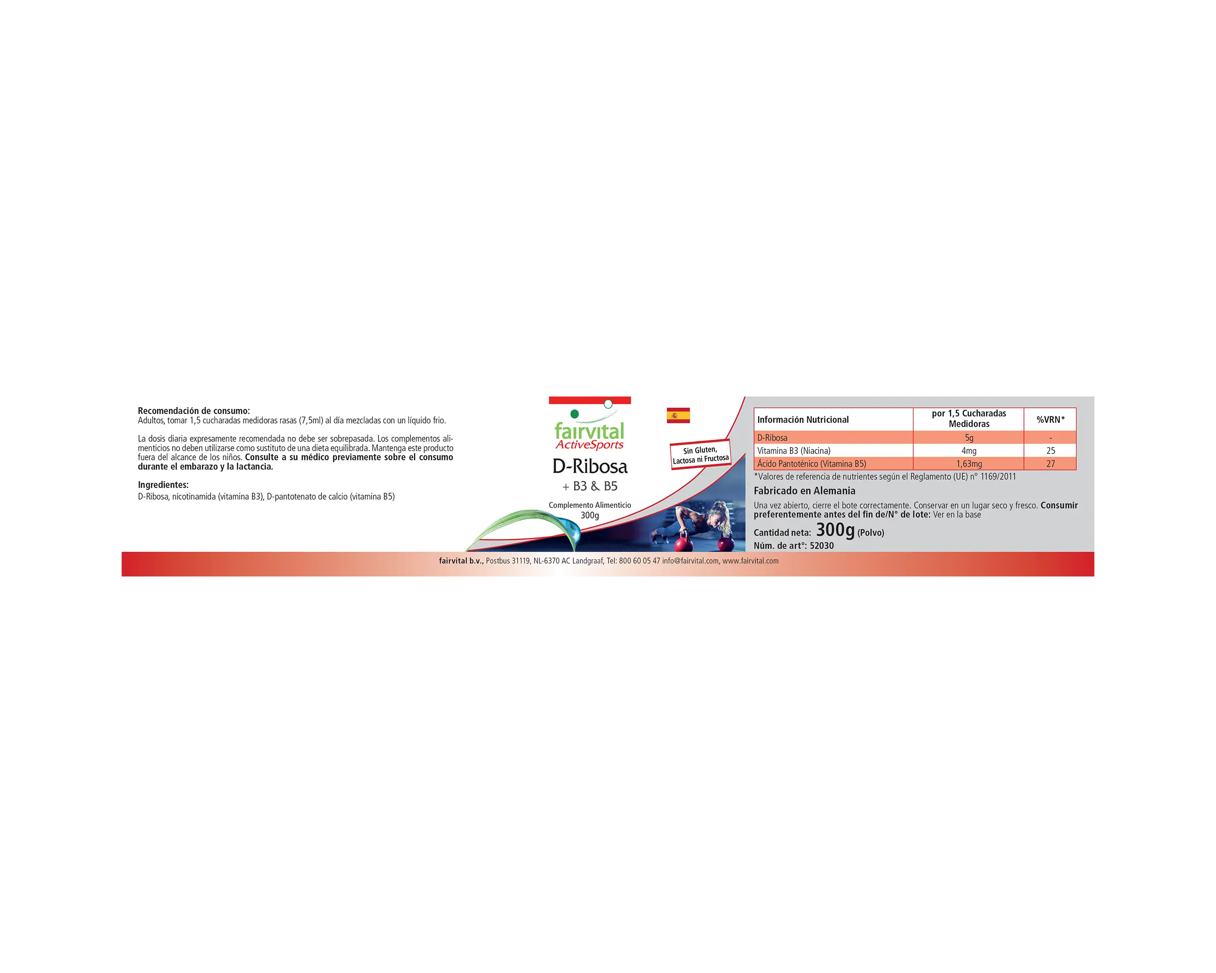 D-Ribose + B3 & B5 - 300g Pulver - Active Sports - für Stoffwechsel von Steroidhormonen - gegen Erschöpfung - Vegan | Fairvital