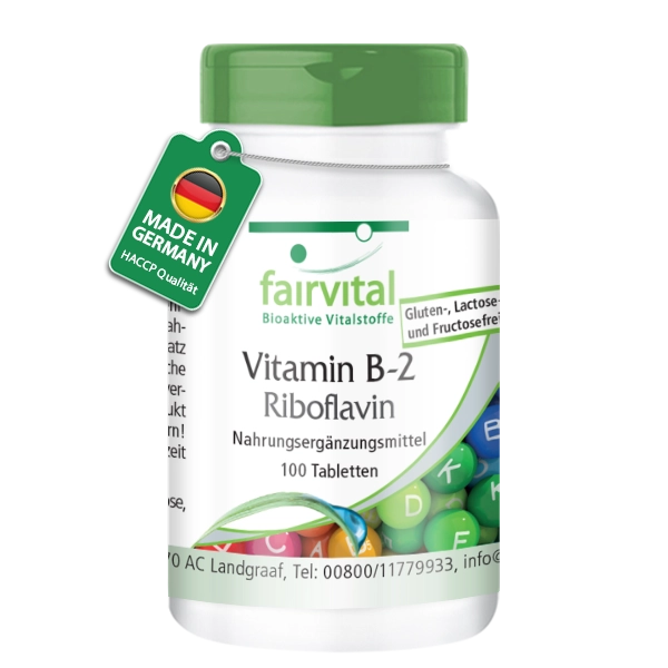 Vitamin B-2 Riboflavin - 100 Tabletten - für Sehkraft, Haut, Nervensystem uvm. - abgedeckter Bedarf - Vegan | Fairvital