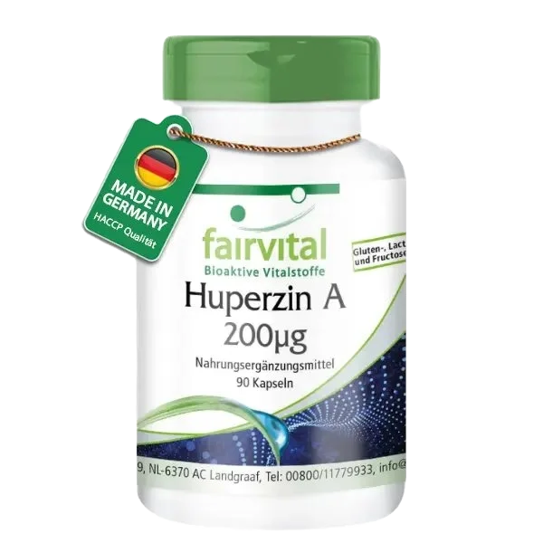 Huperzin A 200µg - 90 Kapseln - aus Bärlapp-Extrakt - Hochdosiert und Vegan | Fairvital Huperzin A 200µg - 90 Kapseln - aus Bärlapp-Extrakt - Hochdosiert und Vegan | Fairvital