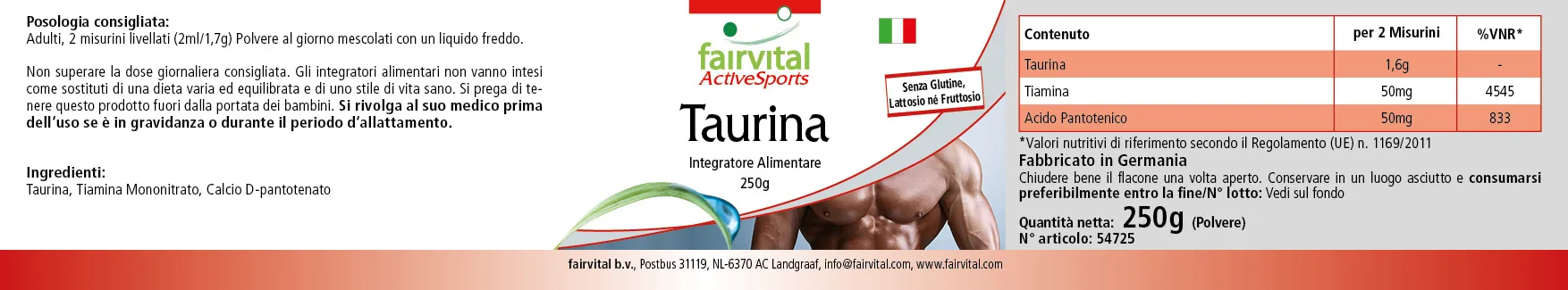 Taurin 250g Pulver - mit Thiamin und Pantothensäure - für Steroidhormonen- und Energiestoffwechsel, Herzfunktion uvm. | Fairvital