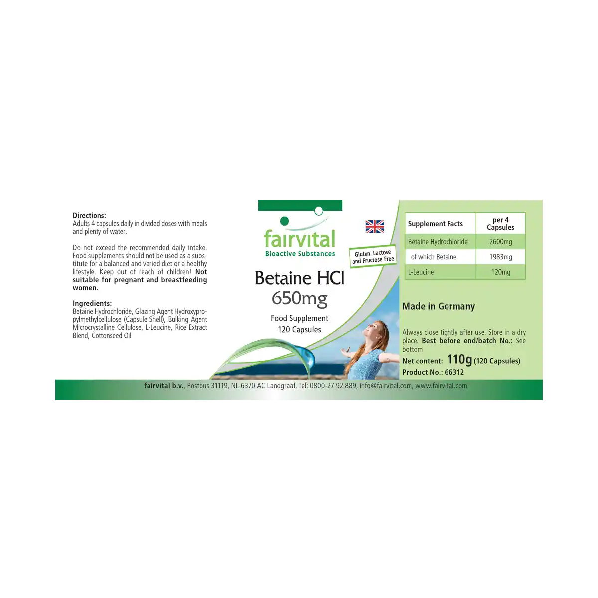 Betain HCL 650mg - 120 Kapseln - Betain Hydrochlorid Kapseln - Hochdosiert und Vegan | Fairvital