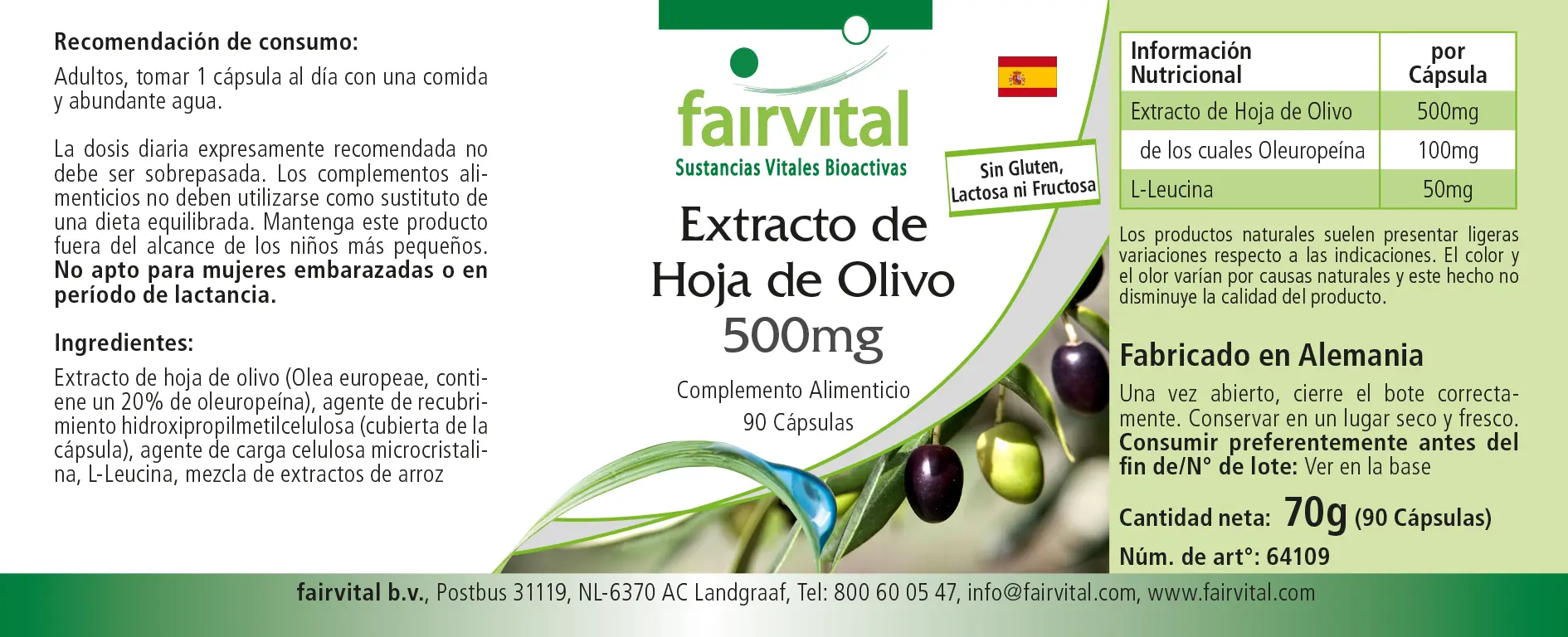 Olivenblatt Extrakt 500mg - 90 Kapseln - mit 20% Oleuropein - Olea europaea - Hochdosiert und Vegan | Fairvital