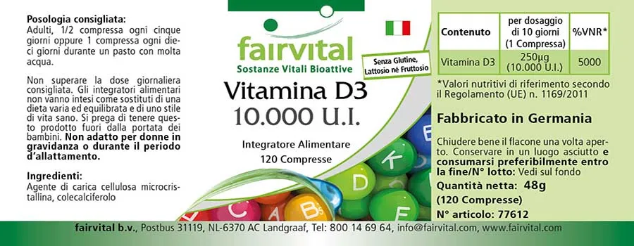 Vitamin D3 10000 I.E. - 120 Tabletten - für Immunsystem, Zellteilung, Muskeln uvm. | Fairvital