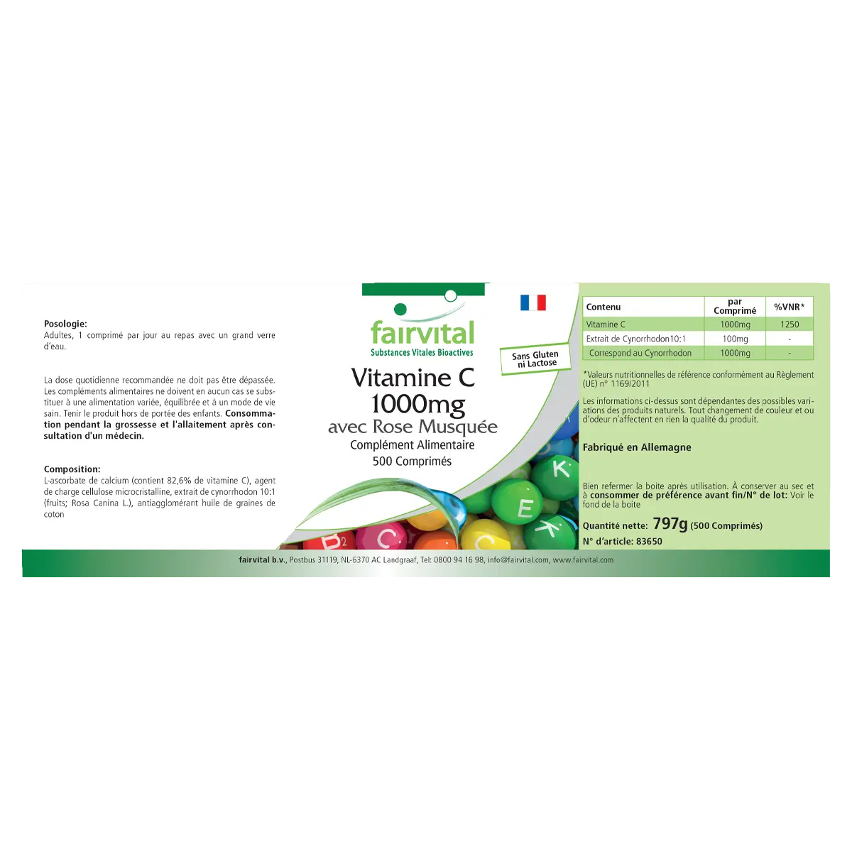 Vitamin C 1000mg mit Hagebutte - 500 Tabletten - für Immunsystem, Kollagenbildung uvm. | Fairvital
