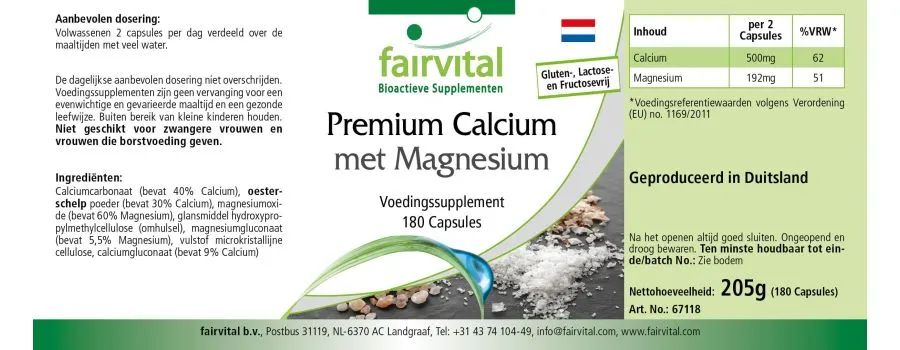 Premium-Calcium mit Magnesium - 180 Kapseln - für Knochen, Muskeln, Elektrolytgleichgewicht uvm. | Fairvital