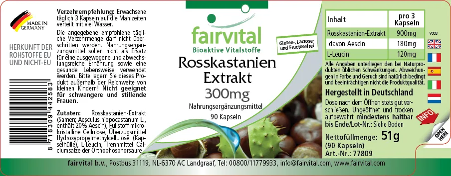 Rosskastanien Extrakt 300mg - 90 Kapseln - mit 20% Aescin - Aesculus hippocastanum - Vegan | Fairvital