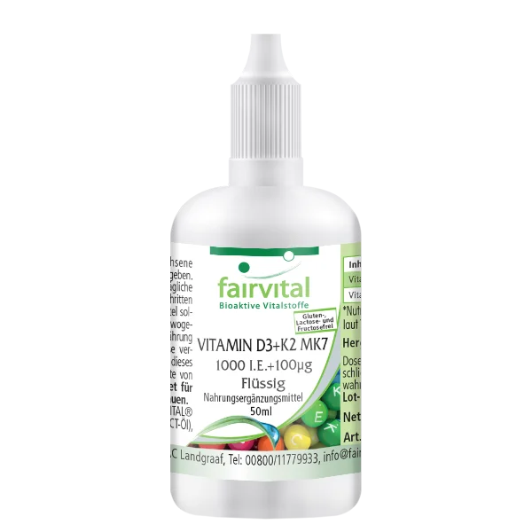 Vitamin D3 + K2 MK7 - 1000 I.E. + 100 μg - 50 ml - für Knochen, Immunsystem uvm. | Fairvital