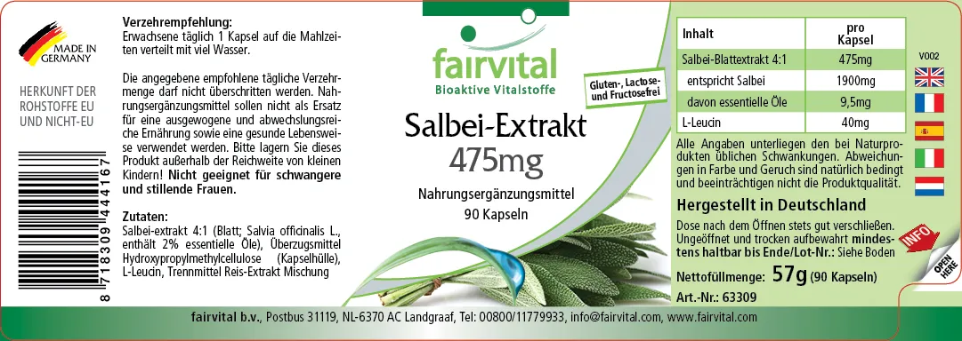 Salbei Extrakt 475mg - 90 Kapseln - 2% essentielle Öle - Salvia officinalis - Vegan | Fairvital