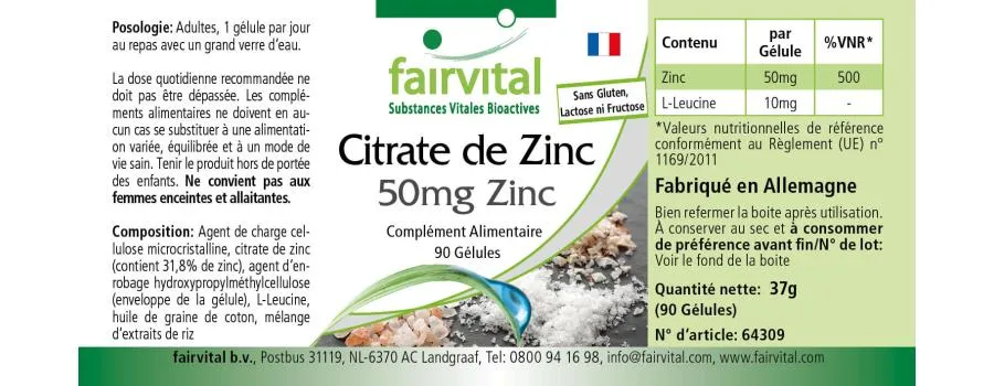 Zinkcitrat mit 50mg Zink - für Immunsystem, Haare, Haut, Sehkraft uvm. - Vegan | Fairvital