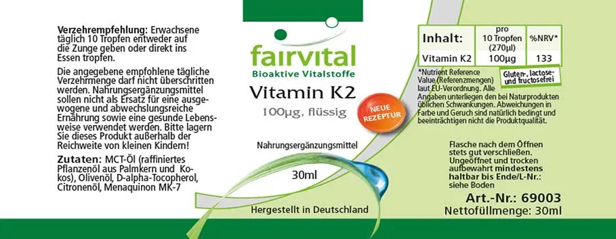 Vitamin K2 flüssig 100µg - 30ml - für Blutgerinnung und Knochen - Vegan | Fairvital