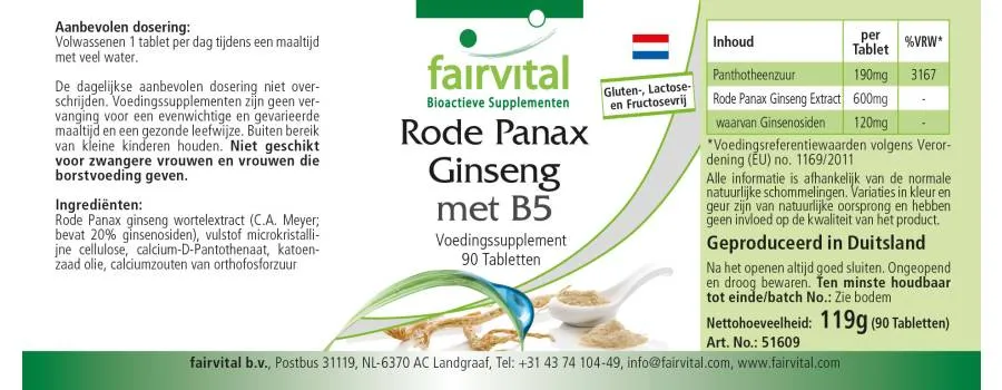 Roter Panax Ginseng mit B5 - 90 Tabletten - für Energiestoffwechsel uvm. - Vegan | Fairvital