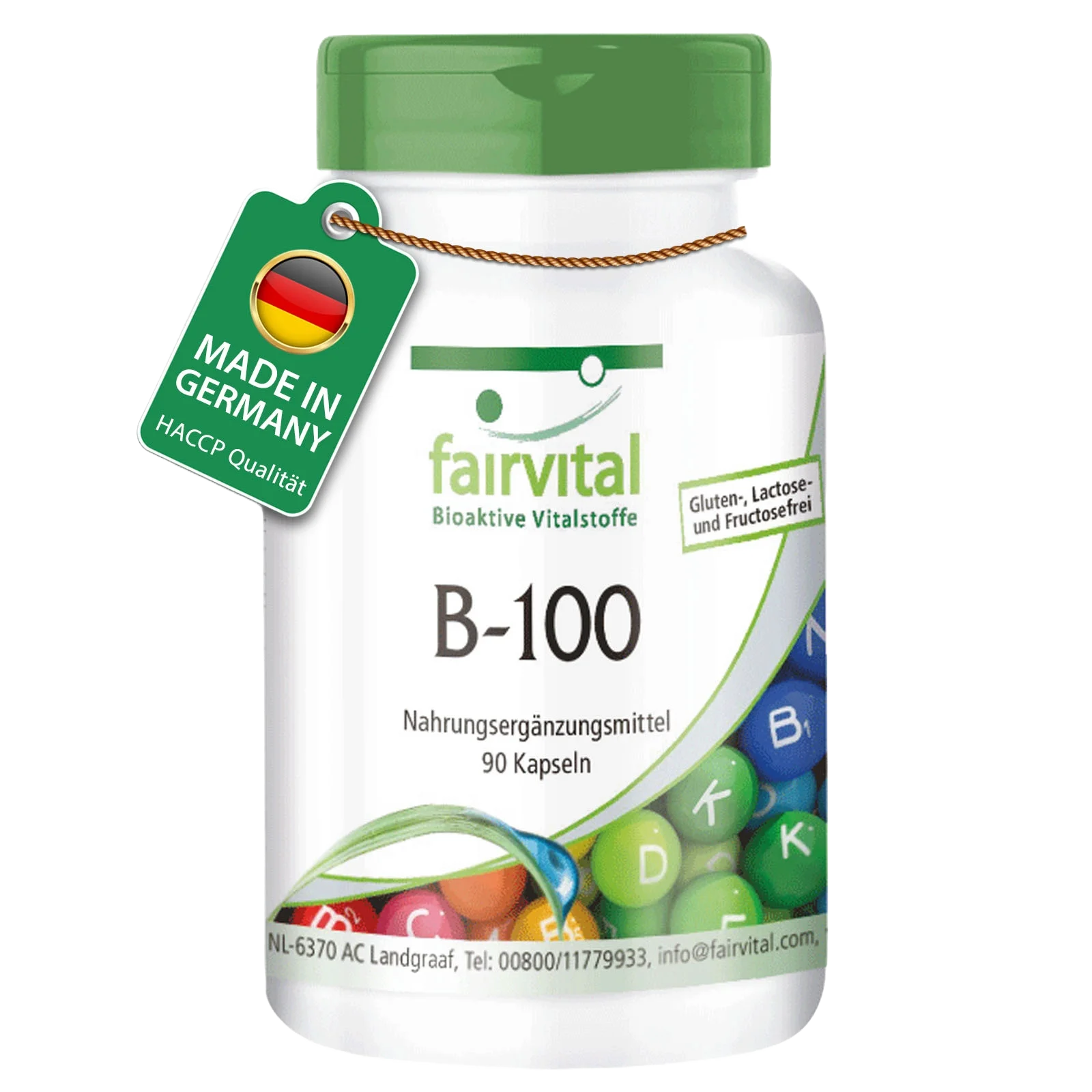 B-100 Komplex - alle B-Vitamine (B1, B2, B3, B5, B6, B7, B9, B12) für Haare, Haut ung gegen Müdigkeit - 90 Kapseln - Hochdosiert und Vegan | Fairvital