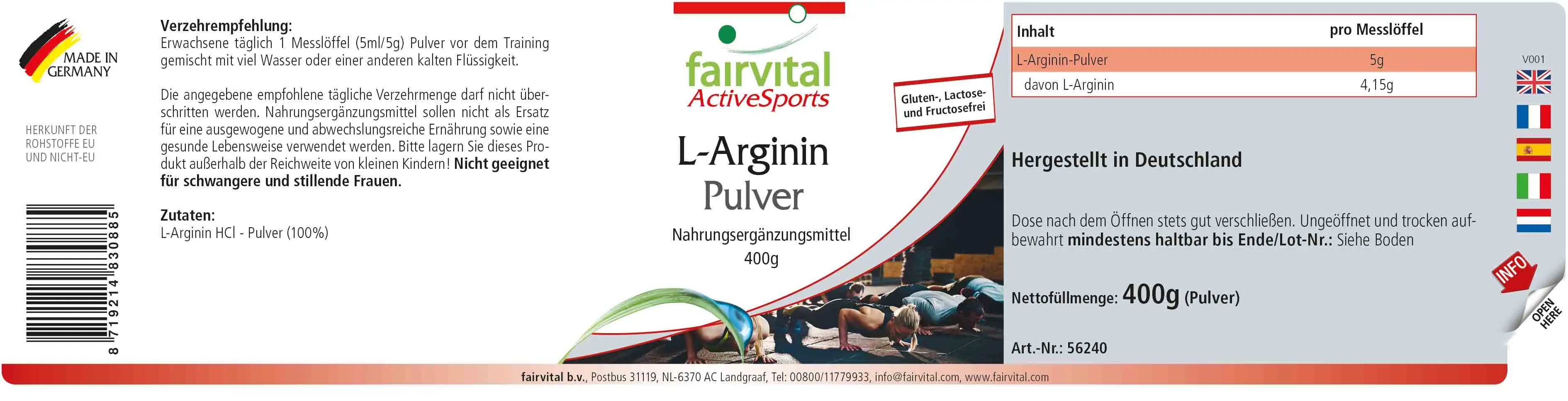 L-Arginin Pulver 400g - 100% pures L-Arginin HCL ohne Zusatzstoffe - Vegan | Fairvital L-Arginin Pulver 400g - 100% pures L-Arginin HCL ohne Zusatzstoffe - Vegan | Fairvital