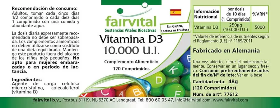 Vitamin D3 10000 I.E. - 120 Tabletten - für Immunsystem, Zellteilung, Muskeln uvm. | Fairvital