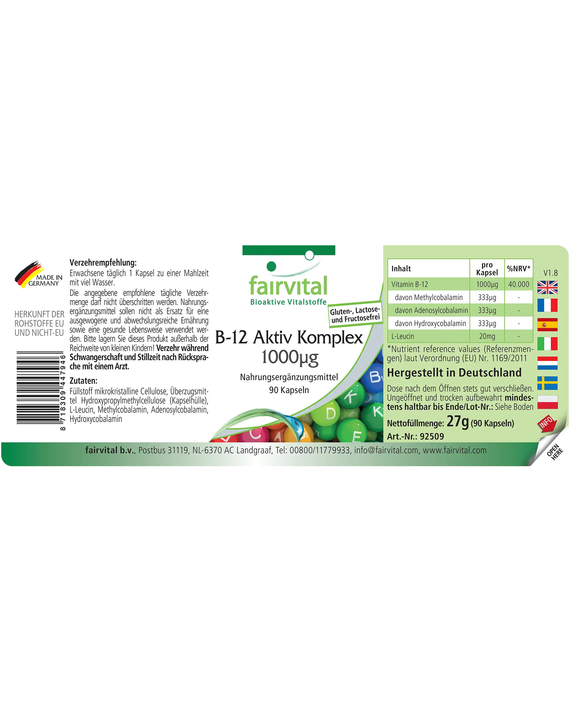 B-12 Aktiv-Komplex 1000µg - mit Vitamin B12 - 90 Kapseln - Vegan | Fairvital