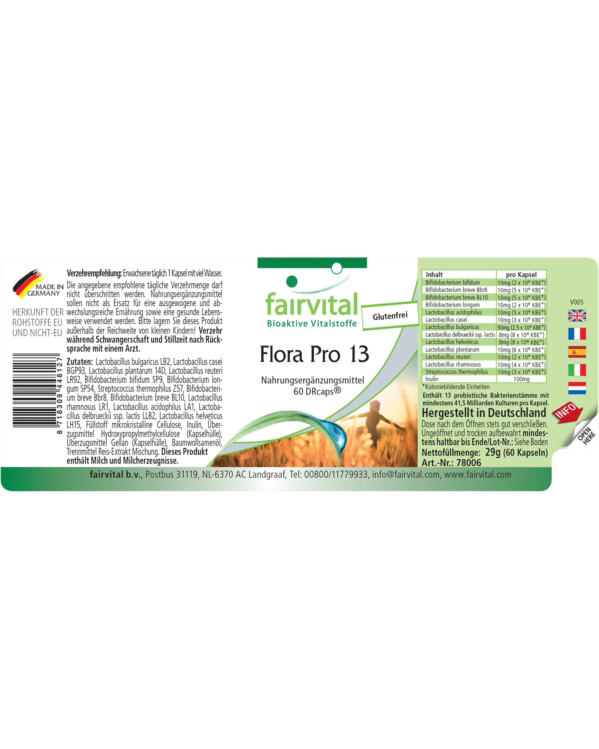 Flora Pro 13 - 60 Kapseln - 13 Bakterienstämme & 41,5 Milliarden Kulturen pro Kapsel - Hochdosiert | Fairvital