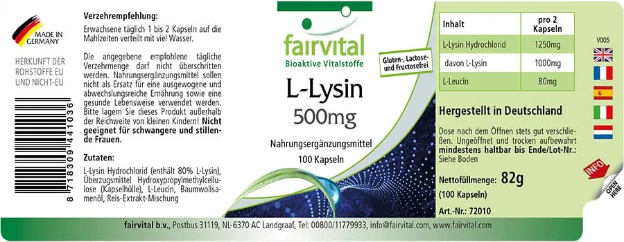 L-Lysin 500mg - 100 Kapseln - Vegan | Fairvital