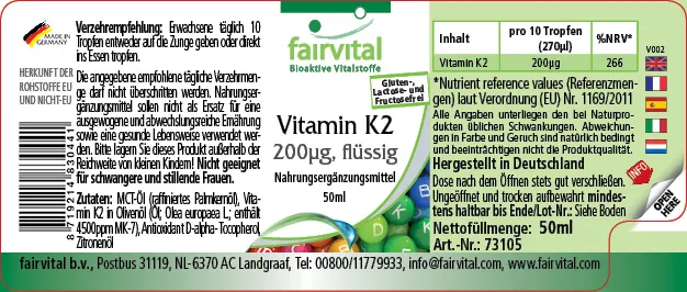 Vitamin K2 flüssig 200µg pro 10 Tropfen - 50ml | Fairvital