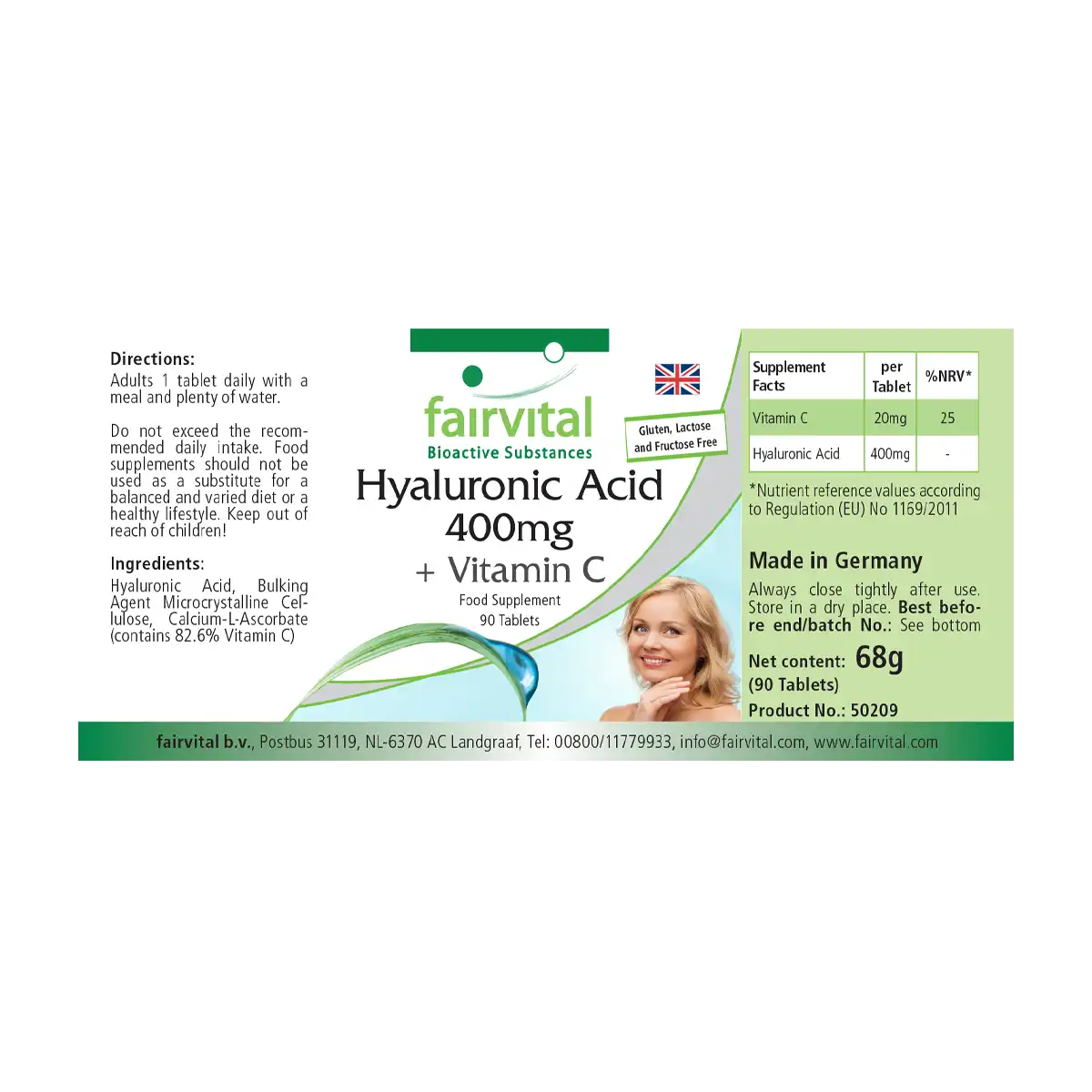 Hyaluronsäure 400mg + Vitamin C - 90 Tabletten - für Immunsystem, Kollagenbildung uvm. - Vegan | Fairvital