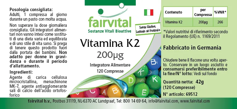 Vitamin K2 200µg - 120 Tabletten - für Knochen, Blutgerinnung - Hochdosiert und Vegan | Fairvital