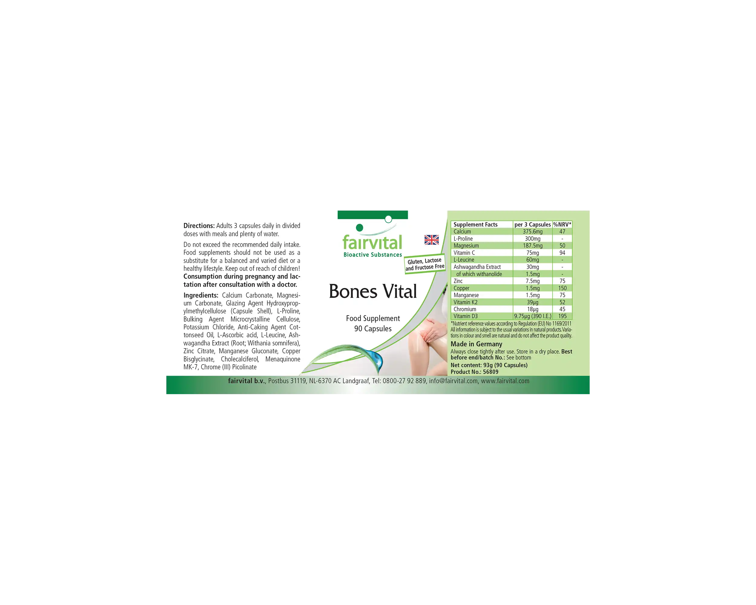 Knochenvital - 90 Kapseln - mit Calcium, Magneisum, Zink uvm. - für Knochen, Muskeln uvm. | Fairvital