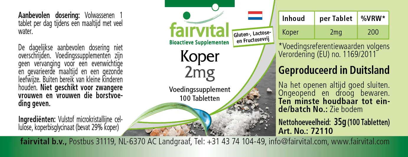 Kupfer 2mg - 100 Tabletten - für Immunsystem, Eisentransport uvm. - Vegan | Fairvital