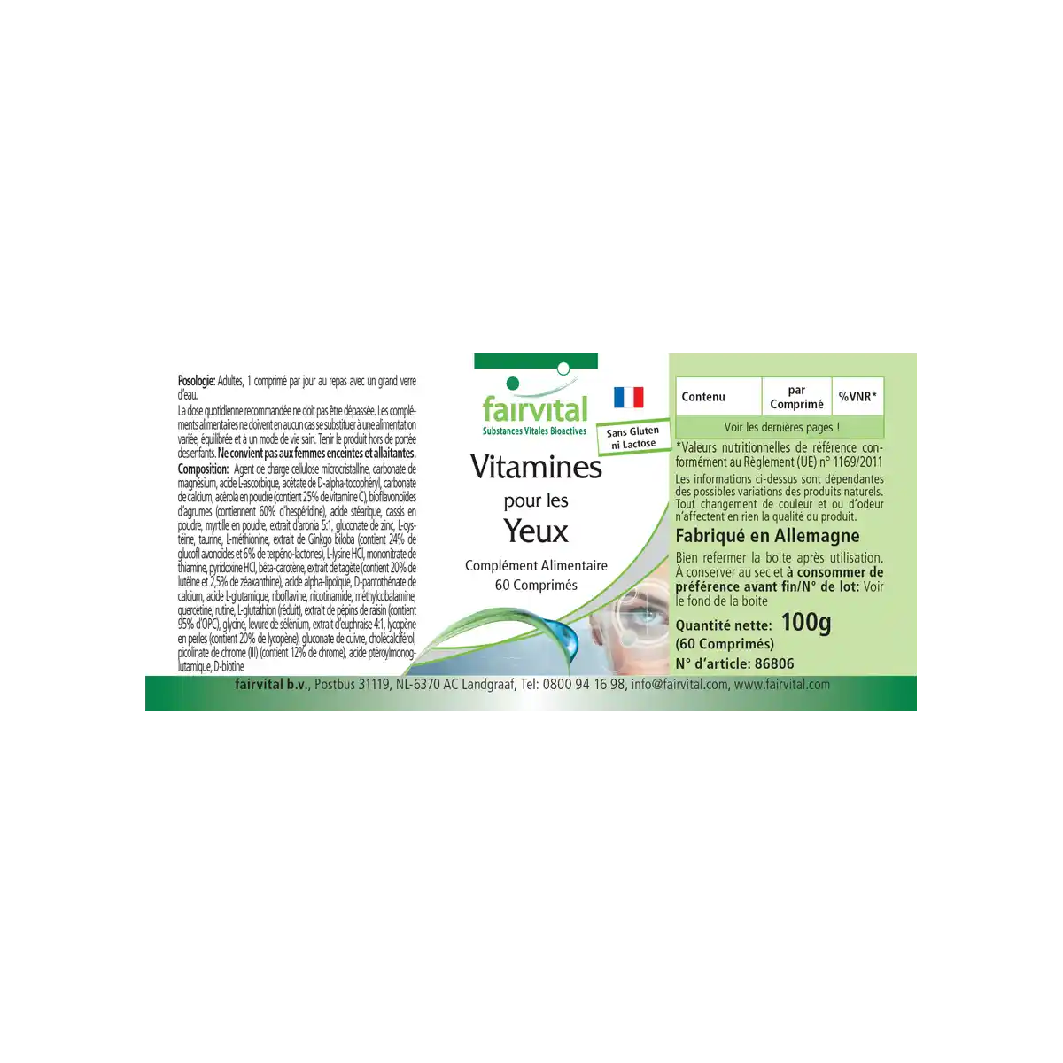 Augenvitamine - 60 Tabletten - mit Vitamin A, Riboflavin, Zink, uvm. - für Sehkraft, Zellteilung uvm. | Fairvital