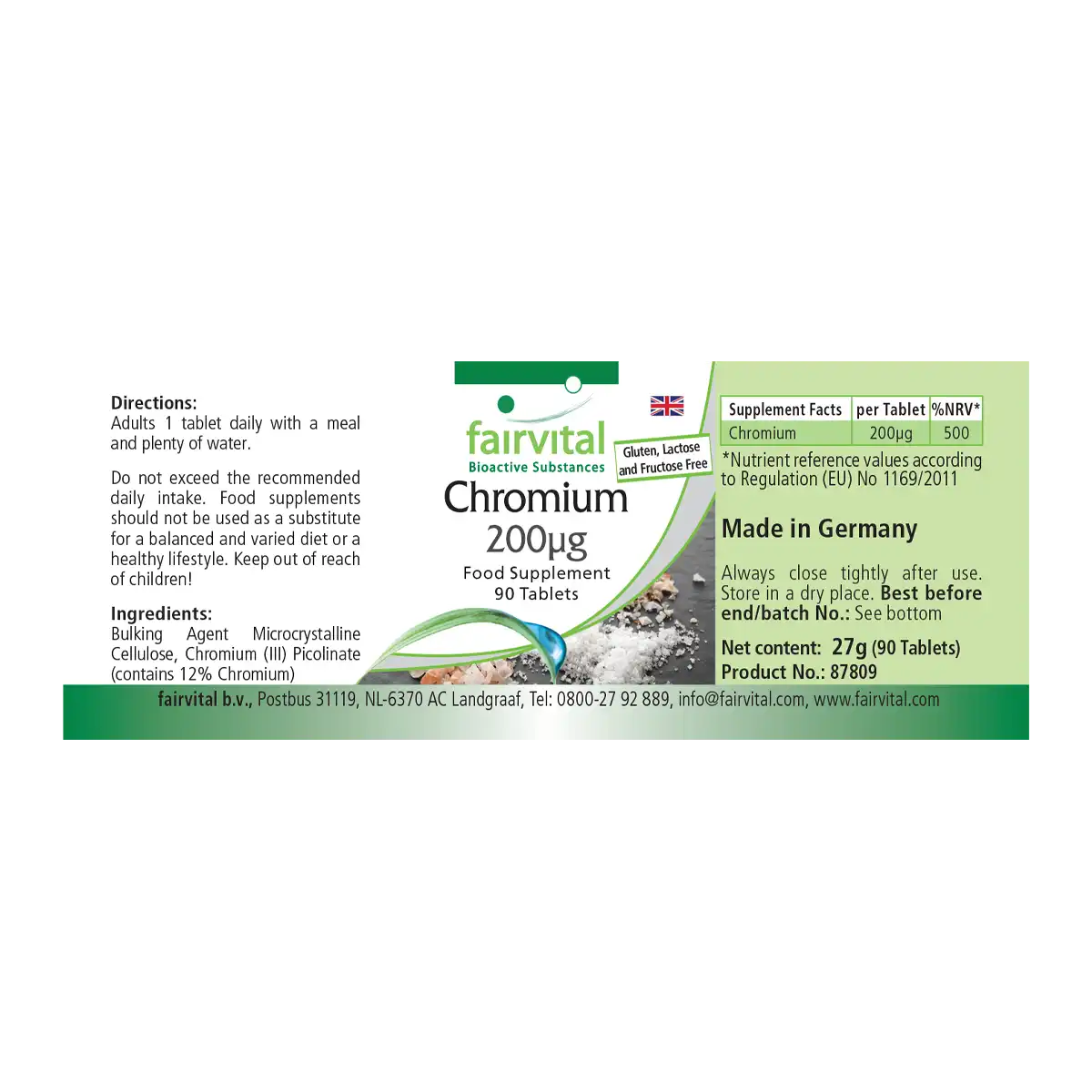 Chrom 200µg - 90 Tabletten - für Blutzuckerspiegel und Makronährstoff Stoffwechsel - Hochdosiert und Vegan | Fairvital