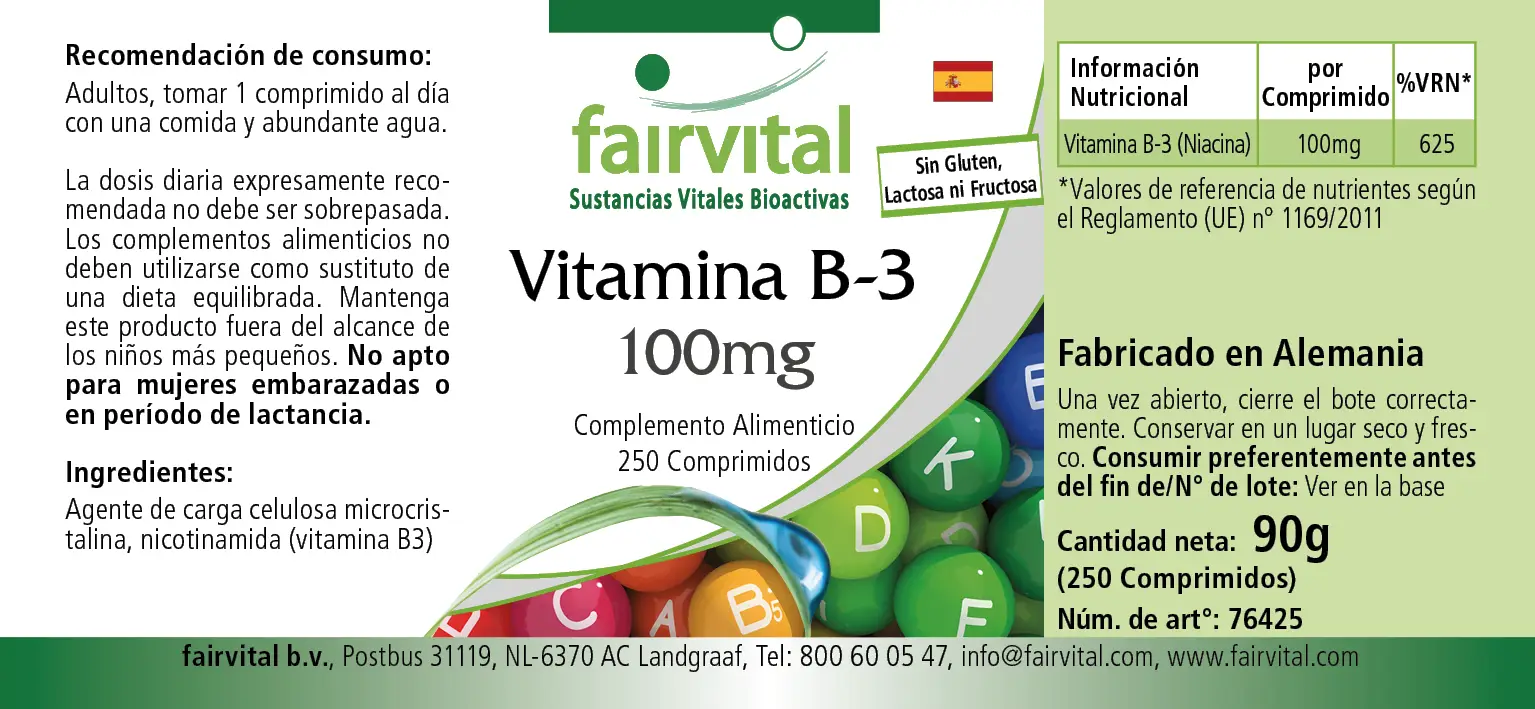 Vitamin B-3 Niacin 100mg - 250 Tabletten - für Haut, Psyche, Nervensystem uvm. - Vegan | Fairvital