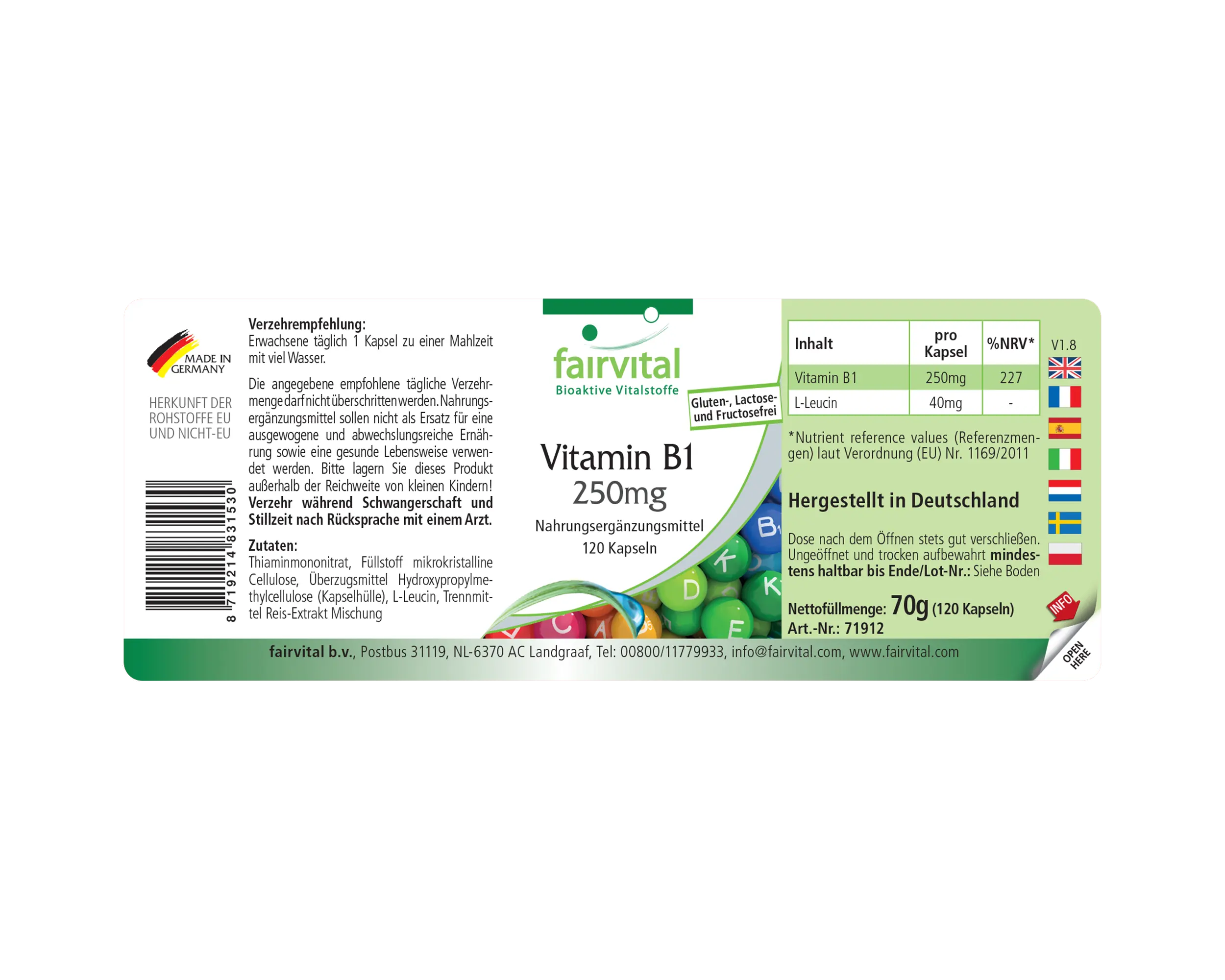 Vitamin B1 250mg - 120 Kapseln - Thiamin - für Herz, Nervensystem uvm. - Hochdosiert | Fairvital