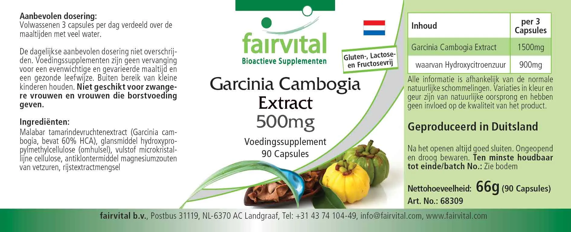 Garcinia Cambogia Extrakt 500mg - 90 Kapseln - mit 60% Hydroxycitronensäure - Vegan | Fairvital
