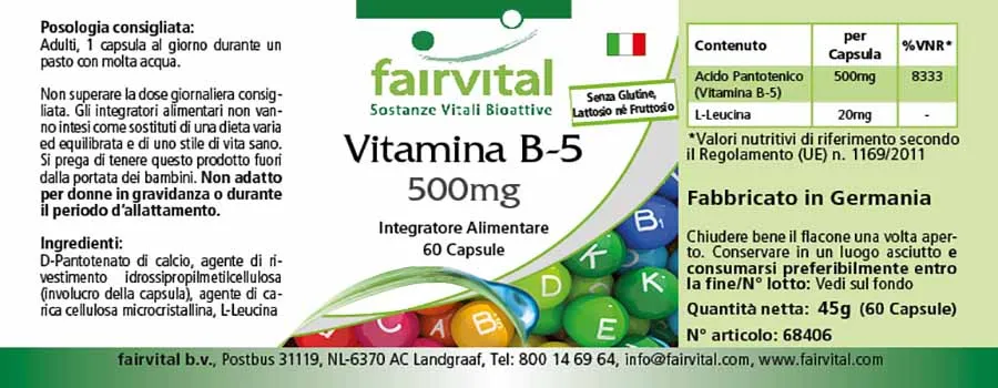 Vitamin B-5 500mg - 60 Kapseln - Pantothensäure - für geistige Leistung, gegen Müdigkeit | Fairvital