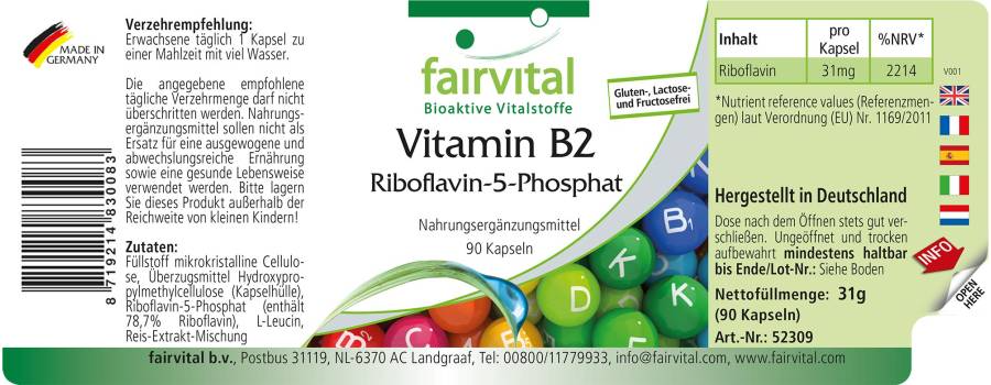 Vitamin B2 Riboflavin-5-Phosphat - 90 Kapseln - für Haut, Sehkraft, Nervensystem uvm. - Vegan | Fairvital
