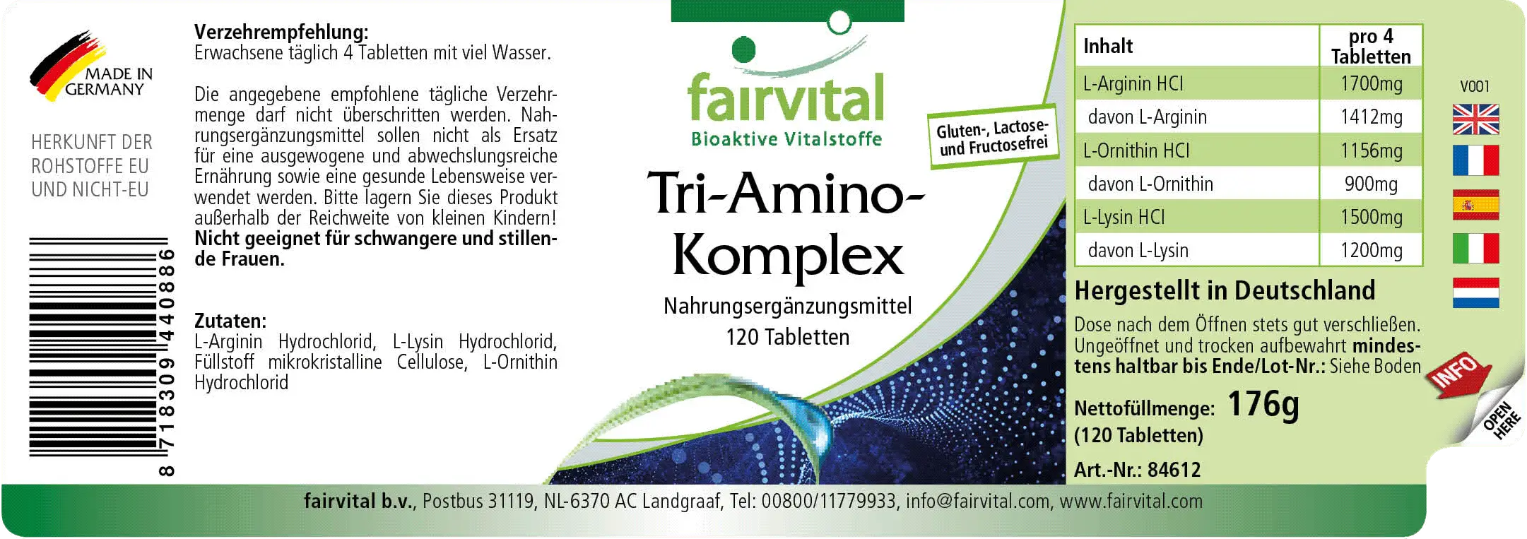 Tri-Amino-Komplex - 120 Tabletten - Arginin Ornithin Lysin - Hochdosiert und Vegan | Fairvital Tri-Amino-Komplex - 120 Tabletten - Arginin Ornithin Lysin - Hochdosiert und Vegan | Fairvital