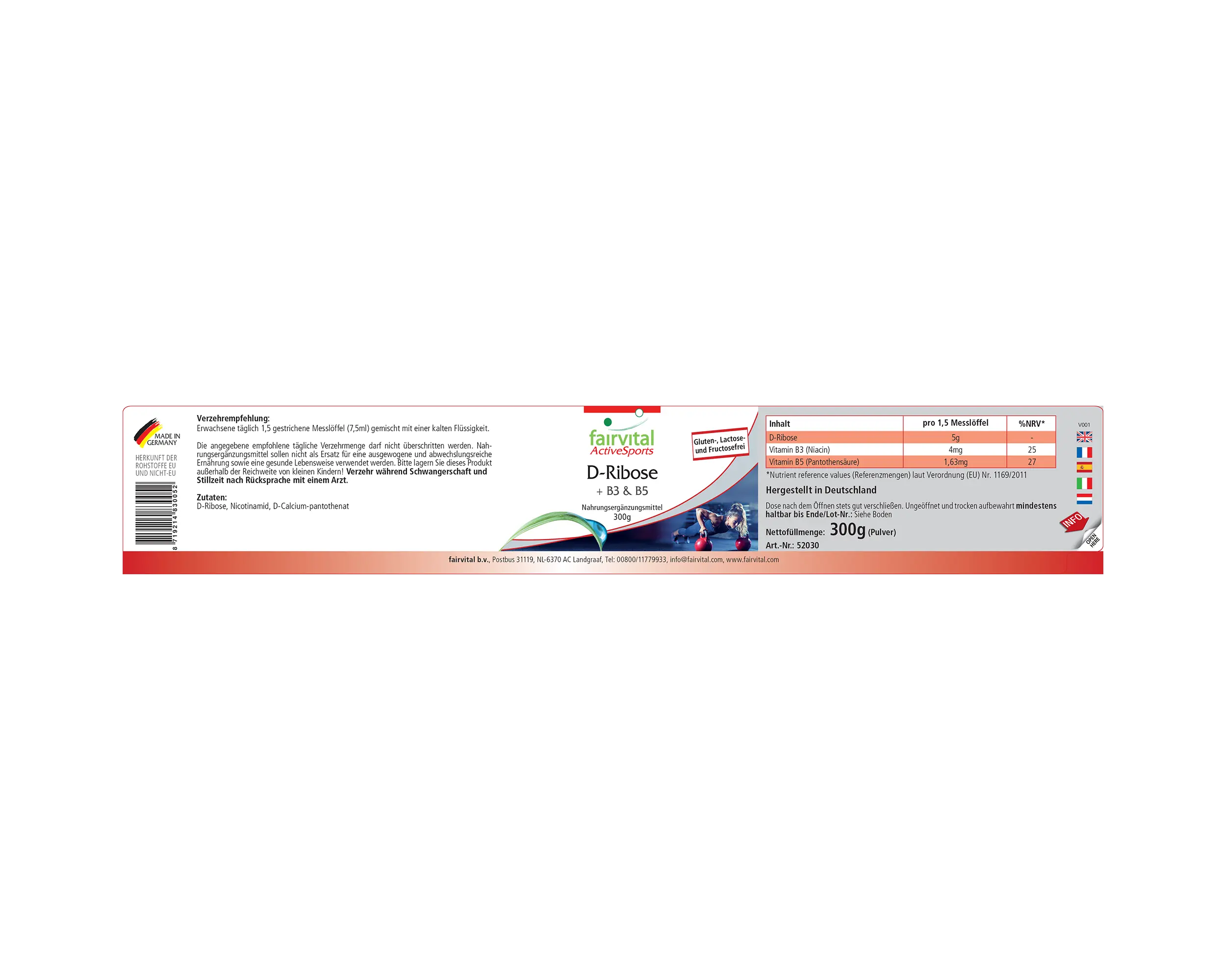 D-Ribose + B3 & B5 - 300g Pulver - Active Sports - für Stoffwechsel von Steroidhormonen - gegen Erschöpfung - Vegan | Fairvital