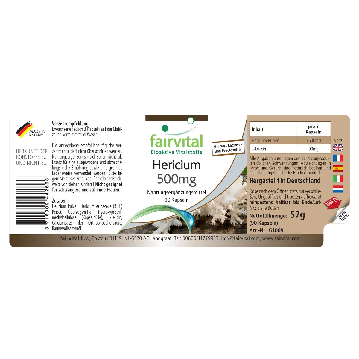 Hericium 500mg - 90 Kapseln - Hericium Erinaceus - Hochdosiert und Vegan | Fairvital