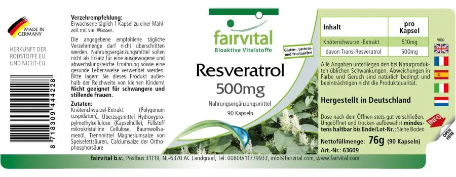 Resveratrol 500mg - 90 Kapseln - aus Knöterich-Extrakt - Hochdosiert und Vegan | Fairvital Resveratrol 500mg - 90 Kapseln - aus Knöterich-Extrakt - Hochdosiert und Vegan | Fairvital