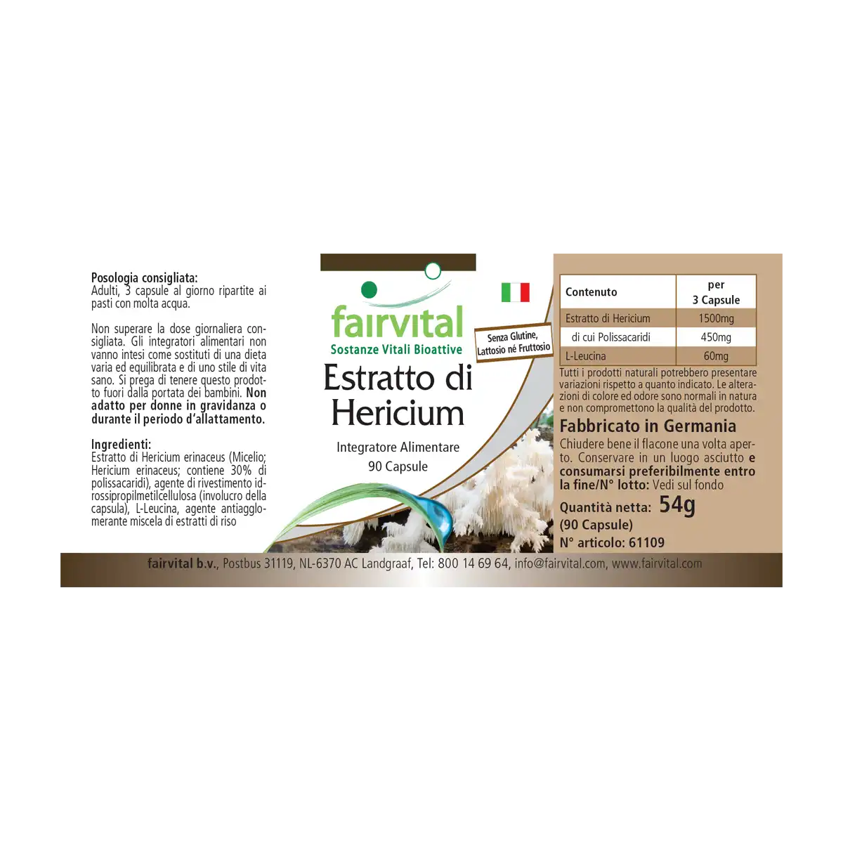 Hericium Extrakt 500mg  - 90 Kapseln - Hericium erinaceus (Igelstachelbart) - 30% Polysaccharide - Vegan | Fairvital