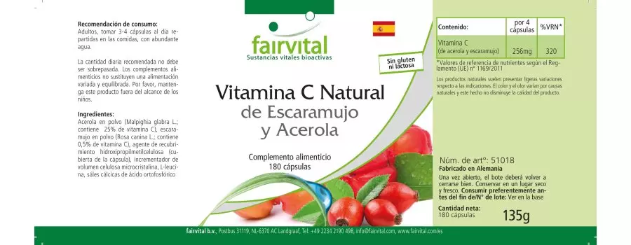 Natürliches Vitamin C aus Hagebutten und Acerola - 180 Kapseln - für Immunsystem uvm. - Vegan | Fairvital
