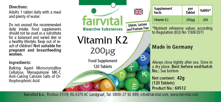 Vitamin K2 200µg - 120 Tabletten - für Knochen, Blutgerinnung - Hochdosiert und Vegan | Fairvital