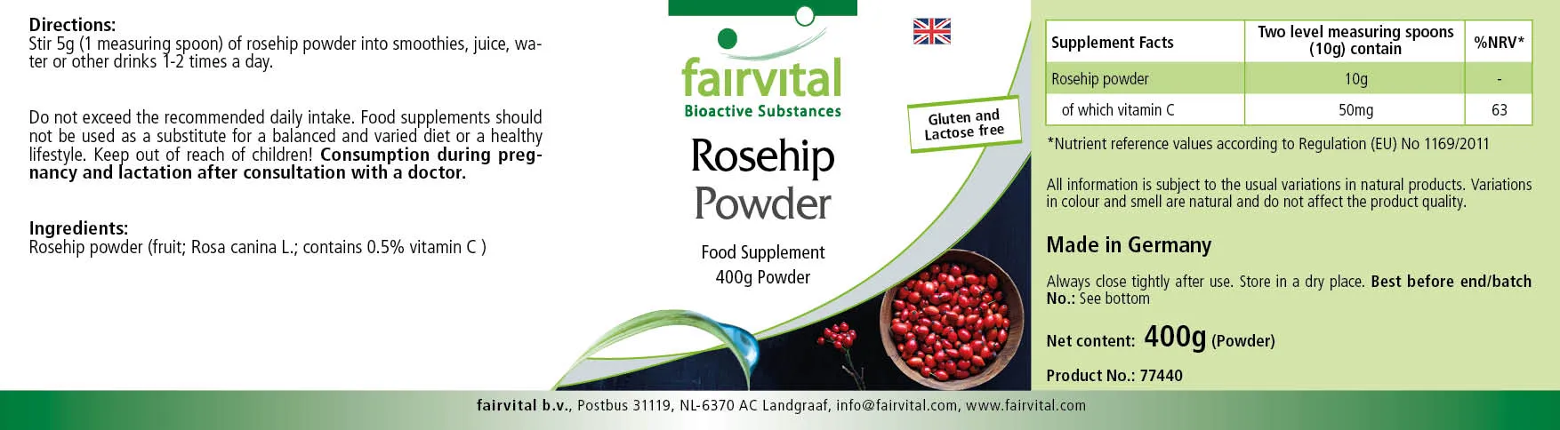 Hagebutten Pulver 400g - mit Vitamin C - für Immunsystem, Kollagenbildung uvm, | Fairvital