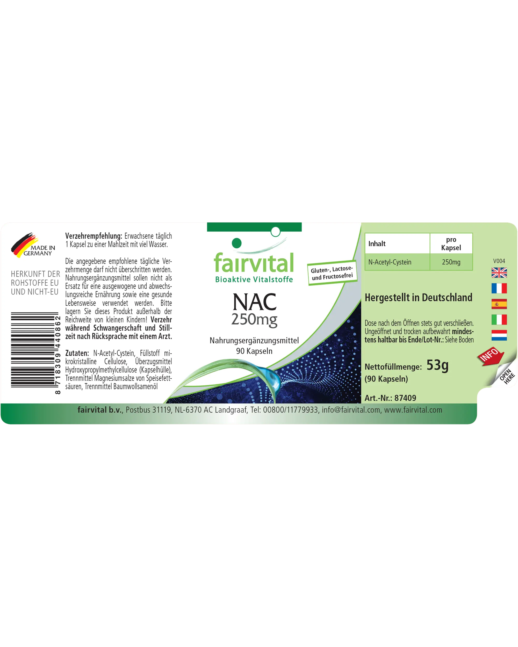 NAC 250mg - 90 Kapseln - N-Acetyl-Cystein - Aminosäure - Vegan | Fairvital