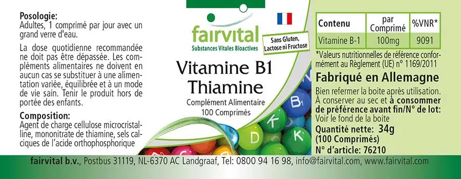 Vitamin B1 Thiamin - 100 Tabletten - für Herz, Nervensystem uvm. - Vegan | Fairvital