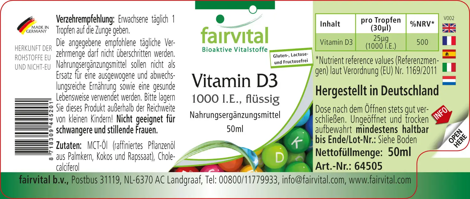 Vitamin D3 flüssig 1000 I.E. pro Tropfen | Fairvital