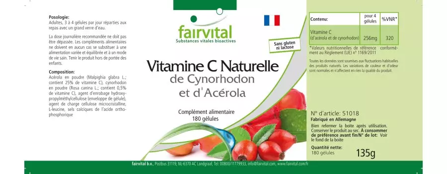 Natürliches Vitamin C aus Hagebutten und Acerola - 180 Kapseln - für Immunsystem uvm. - Vegan | Fairvital