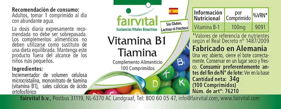 Vitamin B1 Thiamin - 100 Tabletten - für Herz, Nervensystem uvm. - Vegan | Fairvital