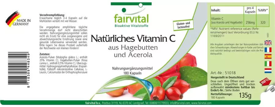 Natürliches Vitamin C aus Hagebutten und Acerola - 180 Kapseln - für Immunsystem uvm. - Vegan | Fairvital